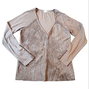 ecru Suede and Sweater Knit V-Neck Long Sleeve Top size M